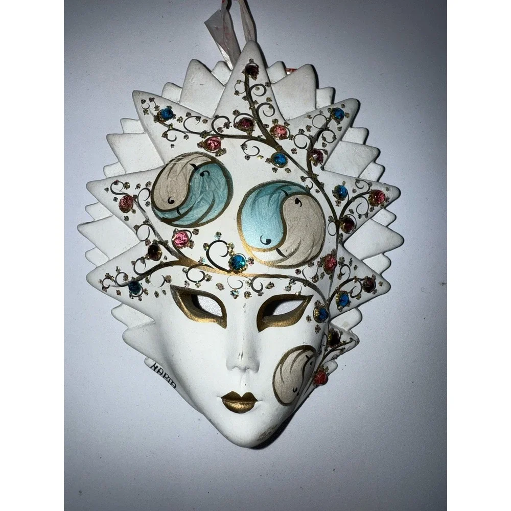 Vintage 90s Handmade Ceramic Starburst Gold/Silver Floral Wall Mask Italy‎